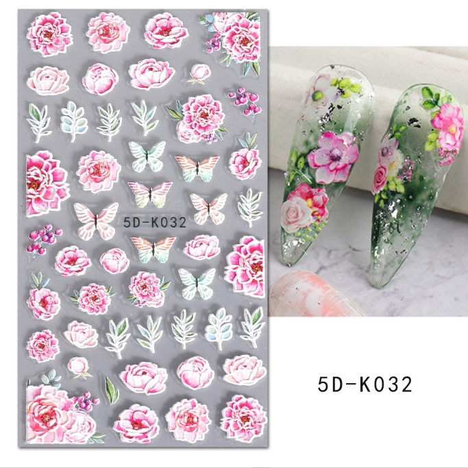 Classy Acrylic Flowers Engraved Nail Sticker Spring Pink Floral Leaf Design Adhesive Sliders Wedding Bride Manicure Decal JI5D-K_voghion.com