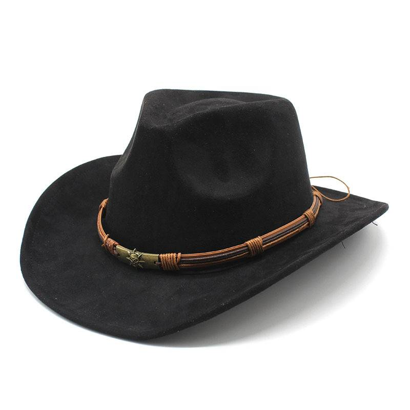 New suede cowboy hat with warped edge Men's and women's outdoor travel hat with rolled eave ethnic top hat felt hat_voghion.com