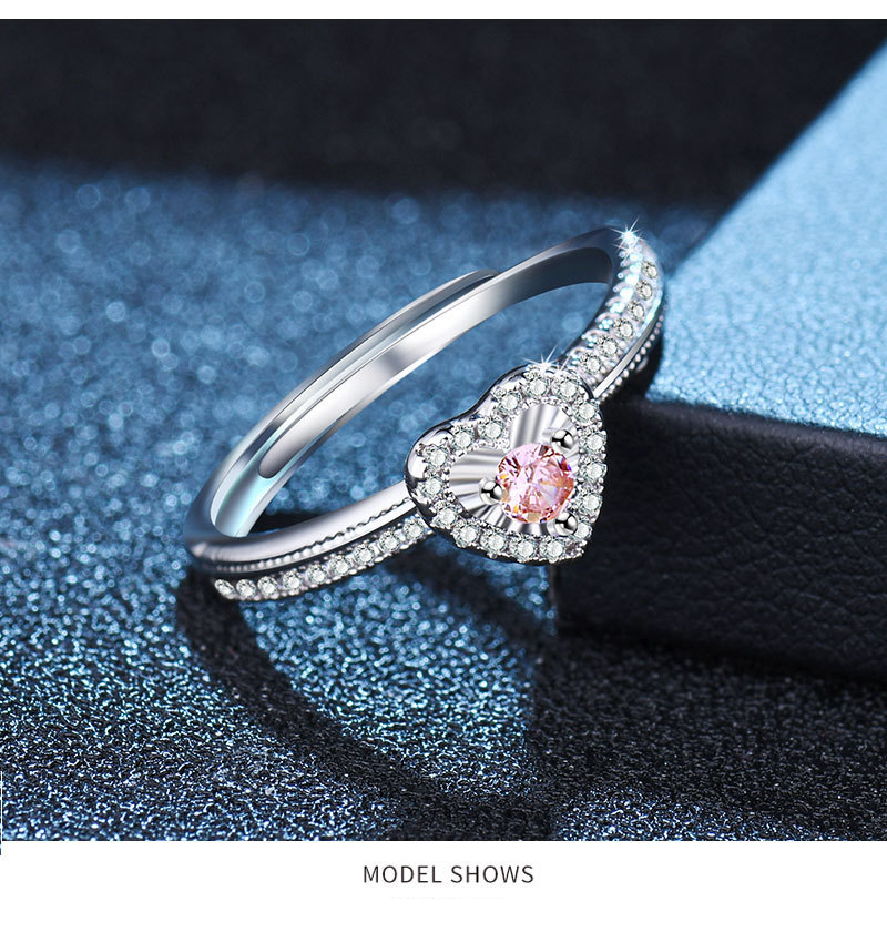 Populaire eenvoudige zilveren poederdiamant ring hartvormige gekleurde diamant opening volledige cirkel 50 punten moissanite ring sieraden_voghion.com