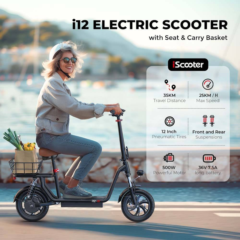 IScooter I12 Elektryczny skuter z siedzeniem dla dorosłych, 500 W 12" Podwójne zawieszenie Commuter EScooter z koszykiem, regulowana wysokość siedzenia i kierownicy_voghion.com