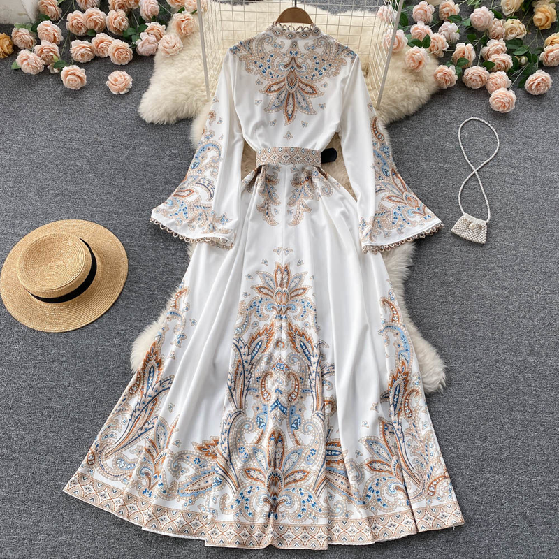 Női ruházat Retro állógallér trombita ujjú nyomtatott ruha palota stílusú nagy hinta térdig érő szoknya_voghion.com