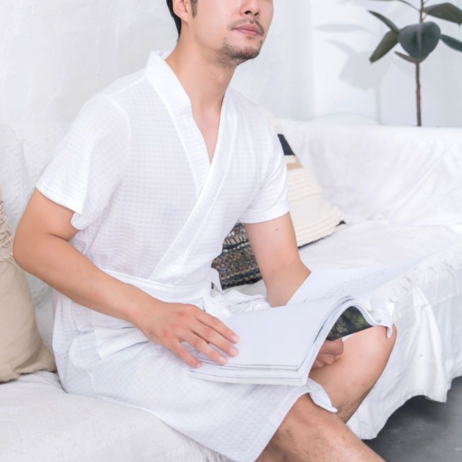 Premium Cotton Hotel-Style Bathrobe For Men & Women - Ultra Absorbent, Quick-Dry, Lightweight Waffle Weave Robe For Summer & All Seasons_voghion.com