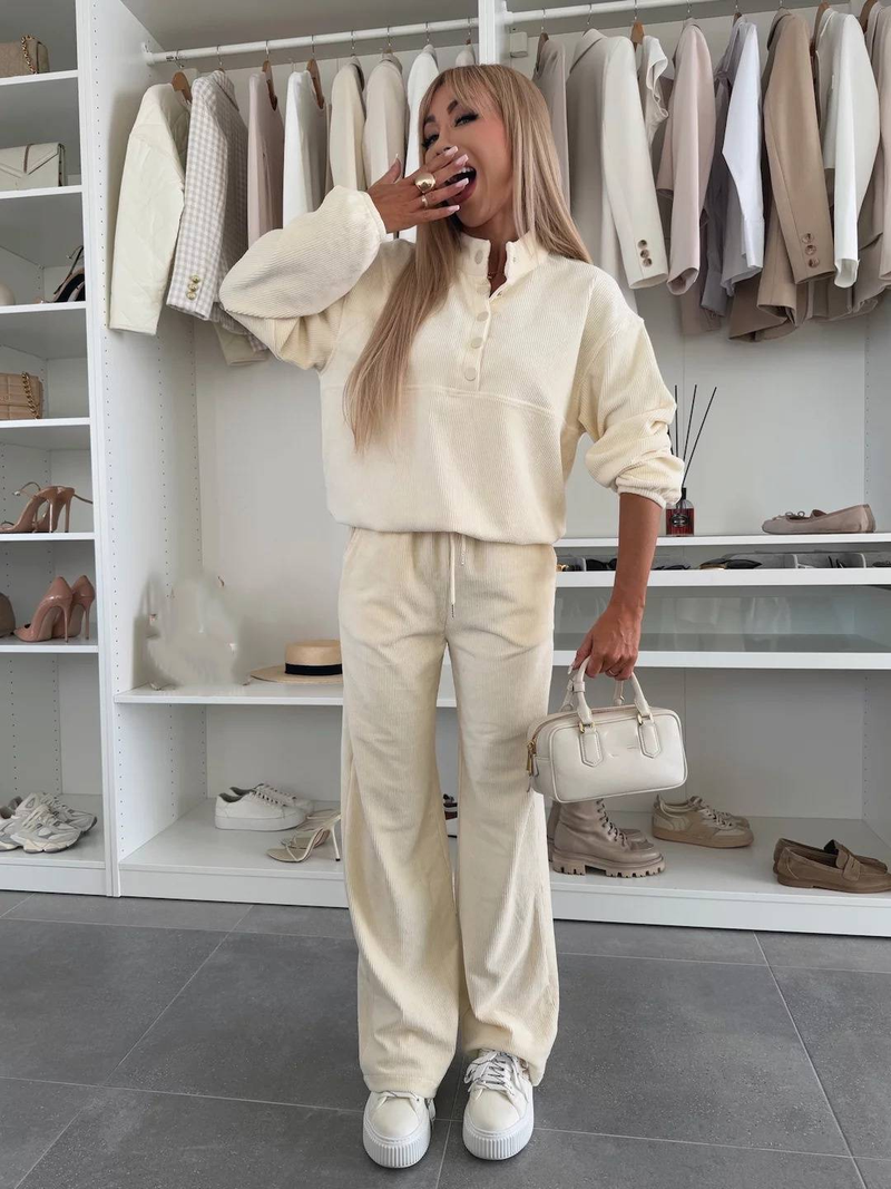 "Button-Down Collar Pullover & Elastic Waist Pants Set - Breathable Poly-Spandex, Unisex Minimalist Outfit (2 Colors)"_voghion.com