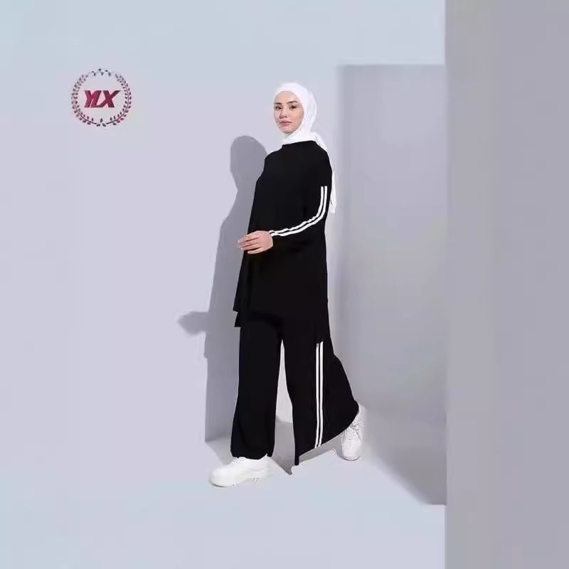 Vintage Autumn Muslim Women's Outfit – High Waist Wide Leg Pants & Top Set (Flowy, Modest, Polyester-Spandex, Elegant Casual)_voghion.com