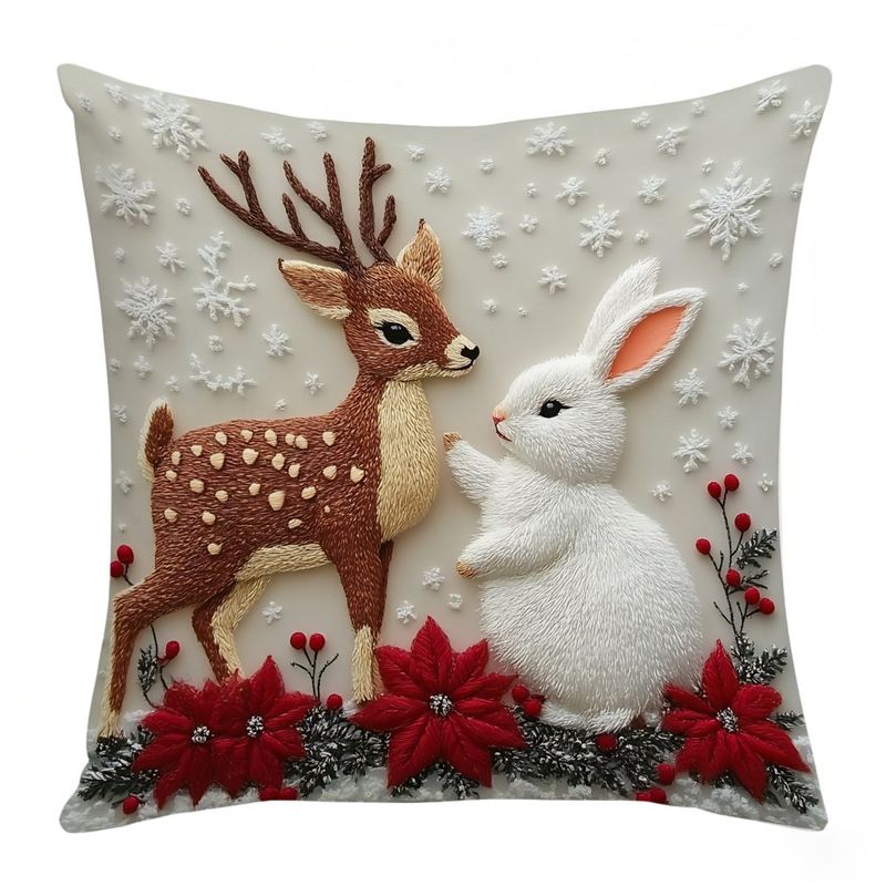 Federa per cuscino natalizio, decorazione festiva per divano, cuscino decorativo in lino, motivo alce e coniglio_voghion.com