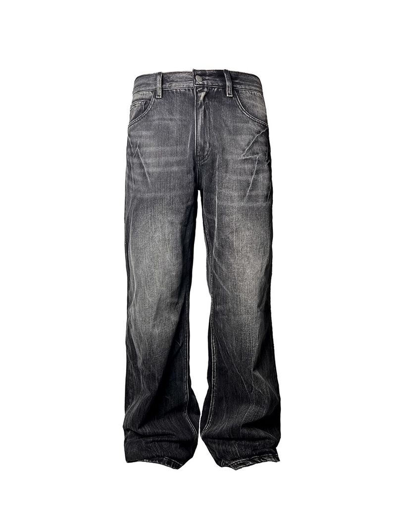 Jeans bootcut da uomo con gamba dritta e lavaggio effetto consumato - Pantaloni in denim vintage per abbigliamento casual (nero, blu)_voghion.com