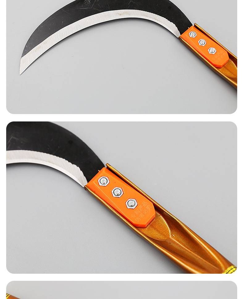 Falcetto per erba a mezzaluna a 4 rivetti Laodaohe – Strumento forgiato a mano per diserbo e raccolta per fattoria, giardino e prato (lama curva compatta)_voghion.com