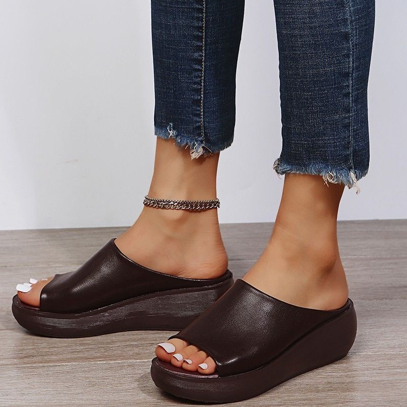 Summer Ladies Leather Sole Slippers Women Sexy High Heel Clogs Black Peep Toe Platform Mules Emal Slip On Sandals Shoes_voghion.com