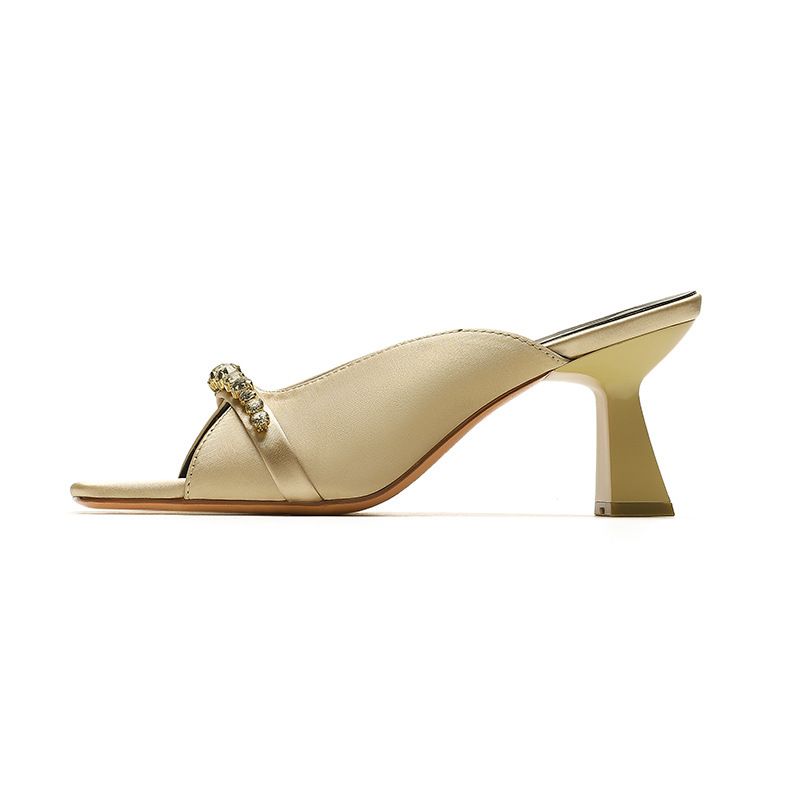 Shoes Square Open Toe High Heels Rhinestone Metal Hollow Outdoor Single Strap Sandals 2025 Spring Summer New Fashion Versatile_voghion.com
