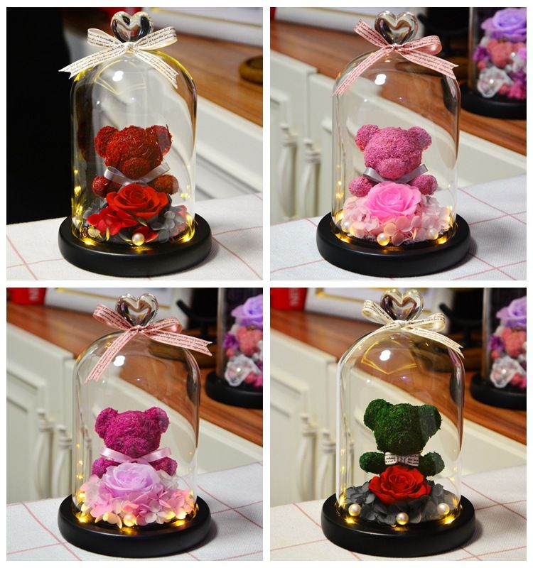 Eternal Preserved Rose Lovely Teddy Bear In Heart Glass Dome with Led Light Wedding Home Decor Mother's Day Gifts for Women Girl_voghion.com