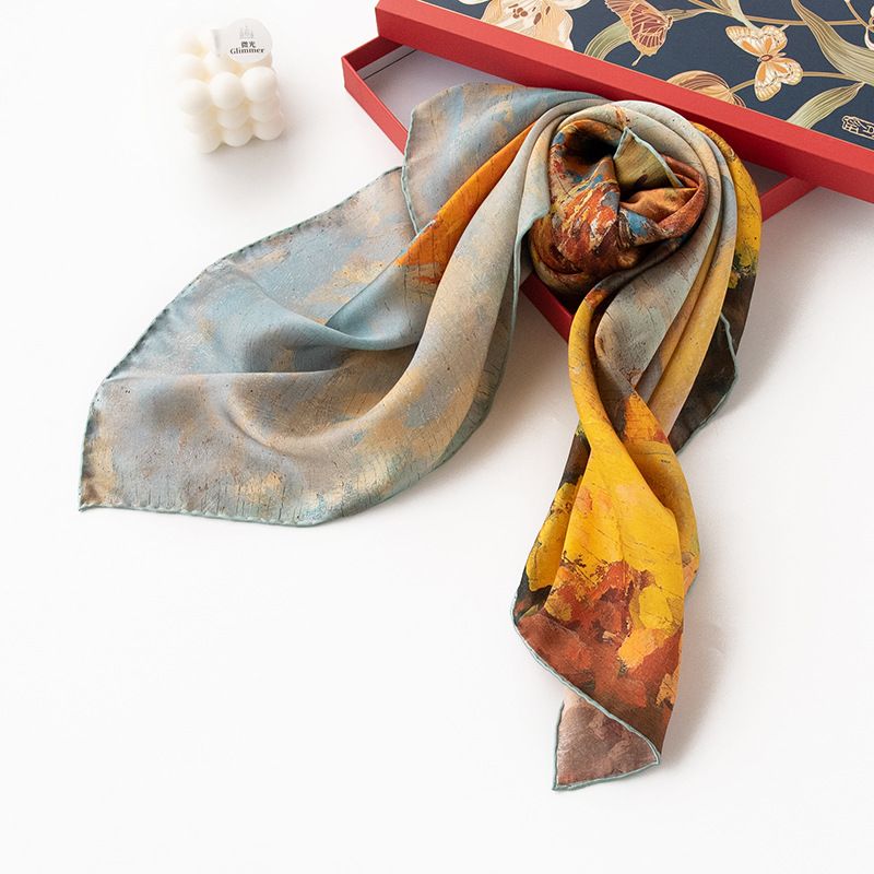 2024 Damen-Geschenkbox, Waldölgemälde, Maulbeerseide, fortgeschrittener professioneller Kleid-Quadratschal_voghion.com