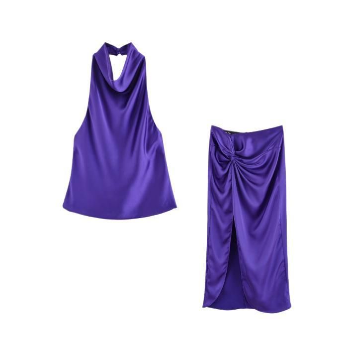 Summer New Halter Neck Top With Knot Midi Skirt Silk Satin Texture Set For Women3203317_voghion.com
