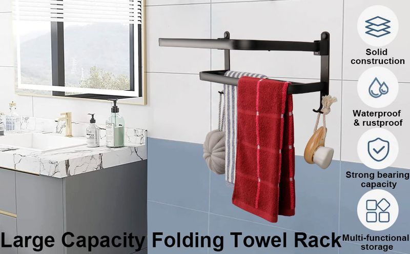 TocTen Rack Foldable Holder With Double Bars, Wall Mounted SUS304 Stainless Steel Bathroom Tower Shelf, Space-Saving_voghion.com
