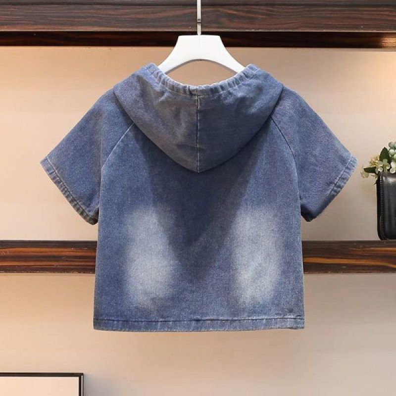 Fashion Denim Two-Piece Set Elastic Half Skirt Hooded Jacket Women Summer Stylish Korean Version Loose Slimming Outfit_voghion.com