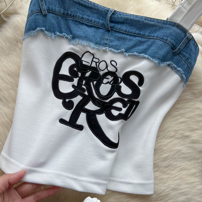 Modischer Freizeitanzug für Damen im Sommer, amerikanische Retro-Hosenträger mit Buchstabenstickerei, kurze Weste, hohe Taille, Denimhose mit weitem Bein_voghion.com