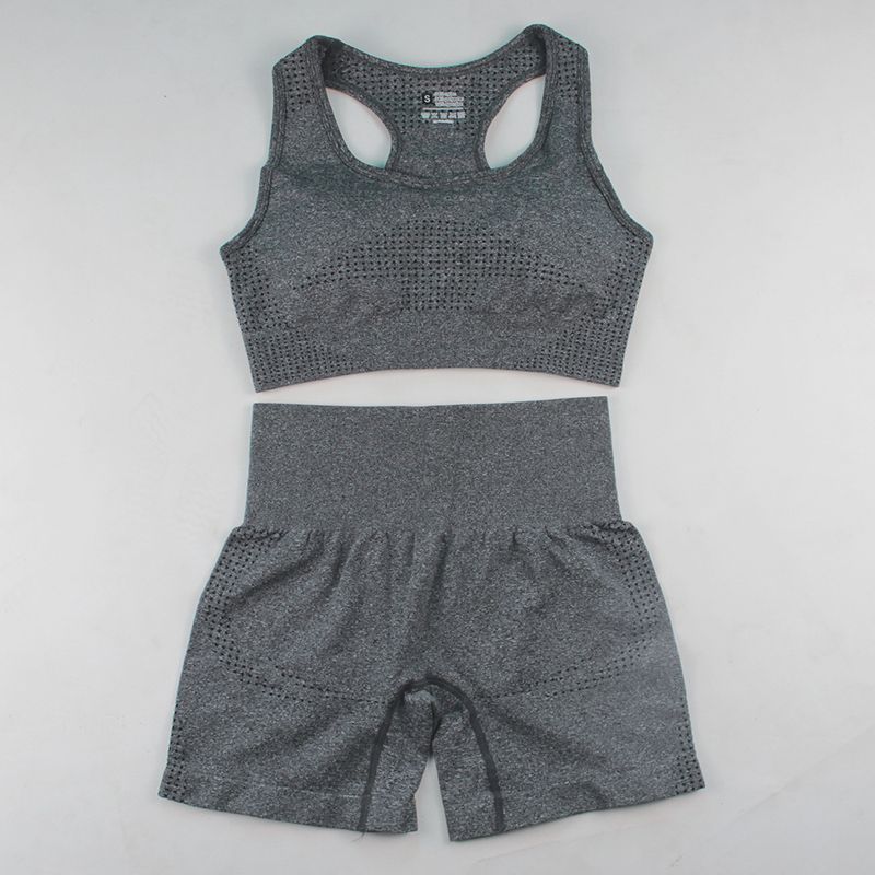 Conjunto de dos piezas de lunares sin costuras con espalda cruzada, pantalones cortos, traje de fitness para mujer, sujetador sin espalda, top, atuendo de yoga_voghion.com
