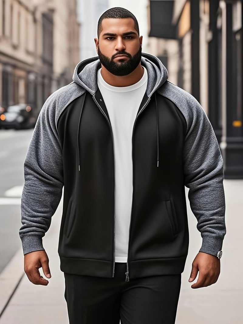 Herrenbekleidung Herren-Kapuzenpullover in Übergröße mit Kontrastfarbe und Kängurutasche, doppelte Kontrastfarbe_voghion.com