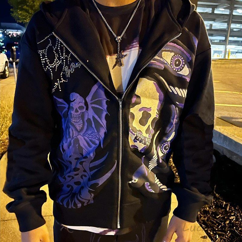 Felpa con cappuccio alla moda, stile streetwear, stile gotico, con cerniera intera, giacca Harajuku unisex_voghion.com