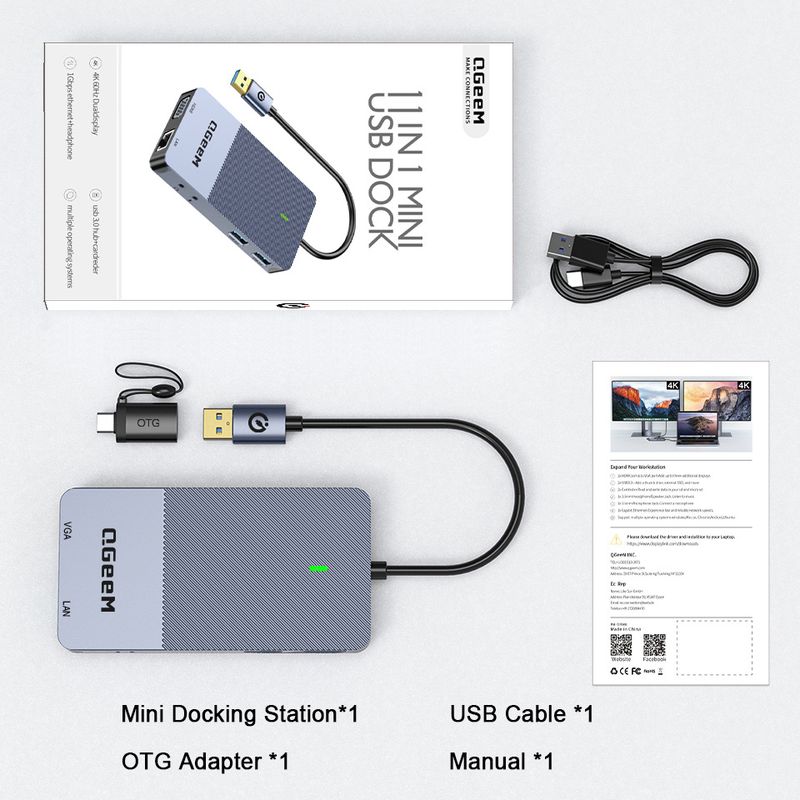 QGeeM 11-i-ett Type-C-dokkingstasjon, Display k trippelskjerm USB-hub DL3900_voghion.com