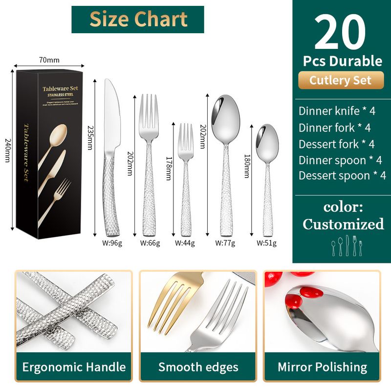430 tyk hamret rustfrit stål kniv, gaffel og ske 5/20 dele sæt til hjemmekøkken dessert servicesæt_voghion.com