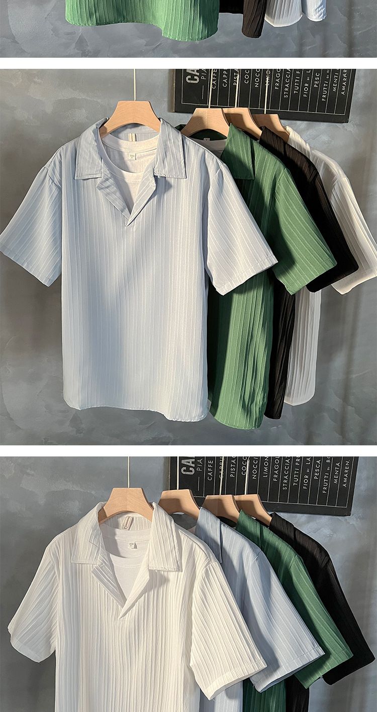 Herrkläder Mogen stil issilke kortärmad pikétröja Herr sommar Trendig Casual T-shirt med mitten av ärm Trendiga halvärmade toppar för män_voghion.com