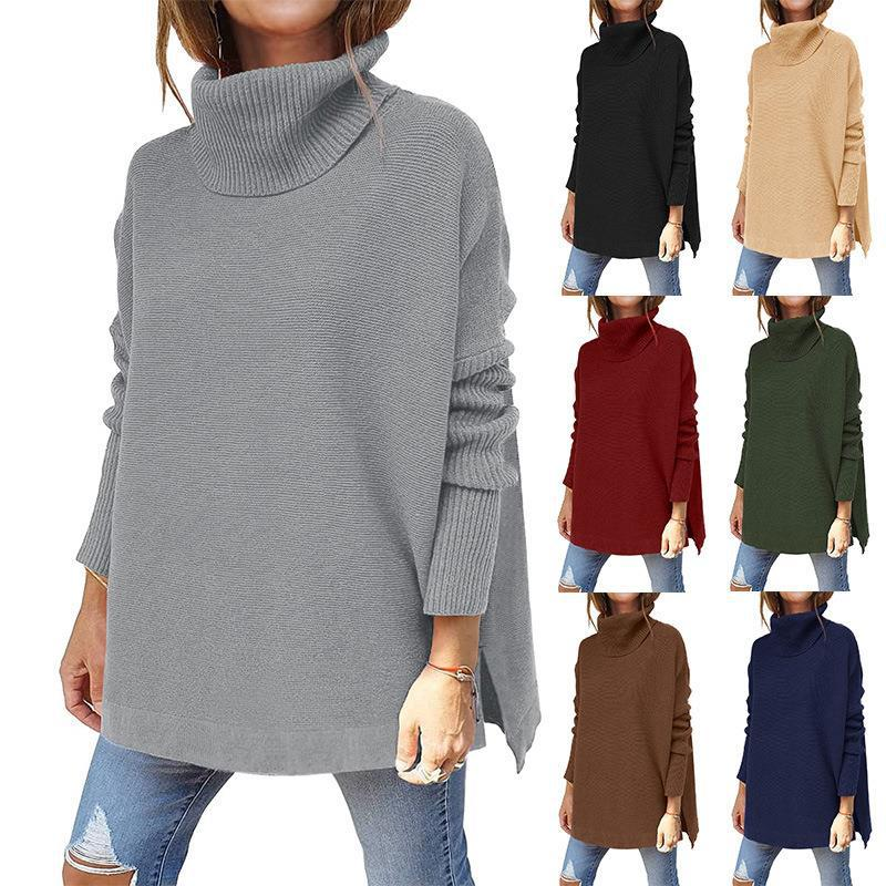 Dametrøje med høj hals, oversized pasform, mellemlang pullover med flagermusærmer, slidskant og bælte_voghion.com