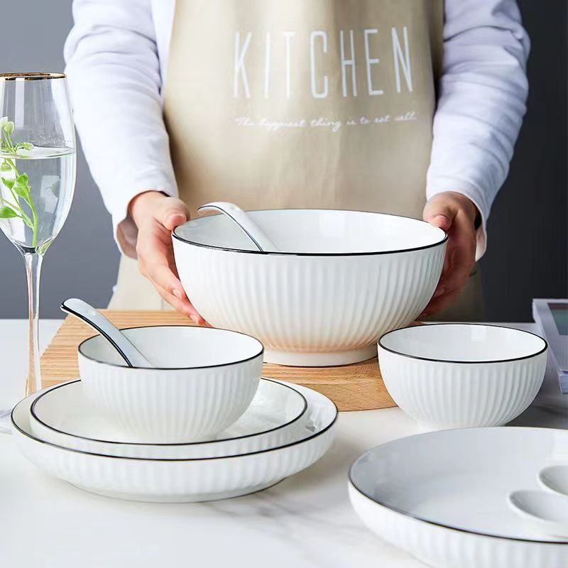 Modern Ceramic Bowl Set Textured Round Fruit Salad Dishes Minimalist Vertical Stripe Design Microwave Dishwasher Safe Tableware For Home Kitchen_voghion.com