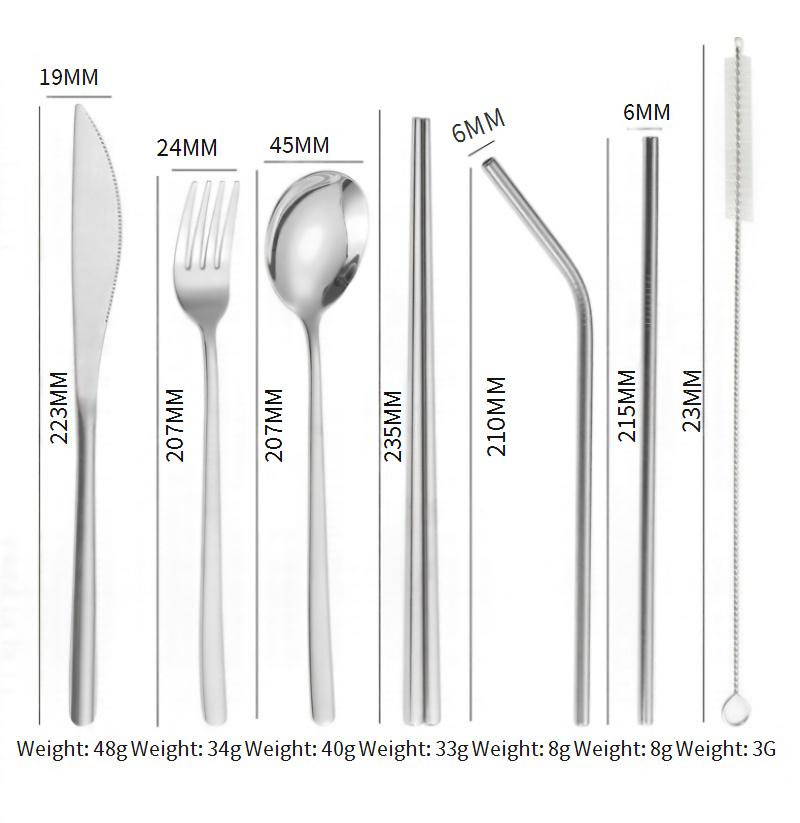 Ensemble de couverts haut de gamme en acier inoxydable 304, 8 pièces, couteau, fourchette, cuillère, baguettes, paille, pour les repas en plein air_voghion.com