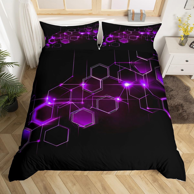 Honeycomb Duvet Cover Set Double Size For Kids Boys Girls Teens Purple Hexagonal Pattern Bedding Set Geometric Beehive Comforter Cover With _voghion.com