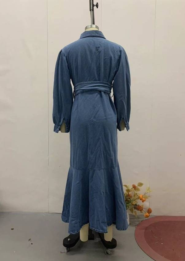 Women's Solid Color Zippered Waist Muslim Denim Dress_voghion.com