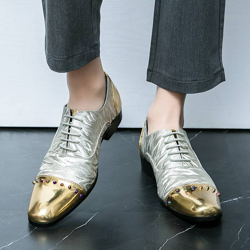 Men's New Style Gold Color Patent Leather Glossy Business Formal Wear Men's Shoes Casual Banquet Dress Men's Shoes Lace-up Banquet Dress Dance Shoes_voghion.com