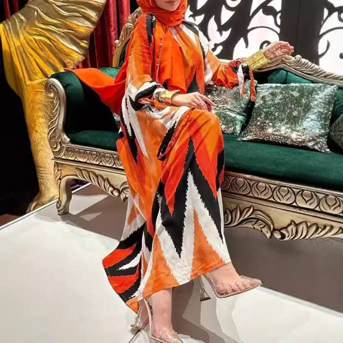 Premium Muslim Abaya Dress – Elegant Hand-Painted Chiffon Maxi Dress With Belt, Modest Long Sleeve Kaftan For Women, Breathable & Stretchy_voghion.com