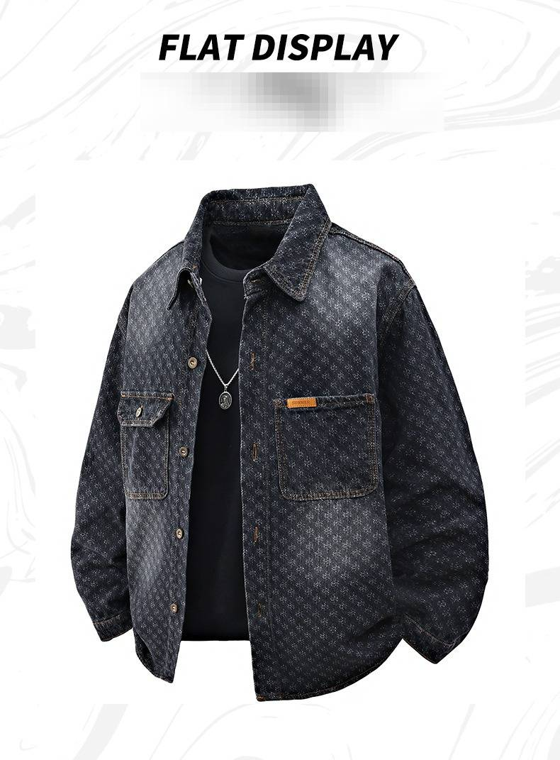 Frühling und Herbst Neue Jacquard-Jeansjacke für Herren im High Street-Trend mit langen Ärmeln im amerikanischen Stil, lockere Außenhandelsjacke für Herren_voghion.com
