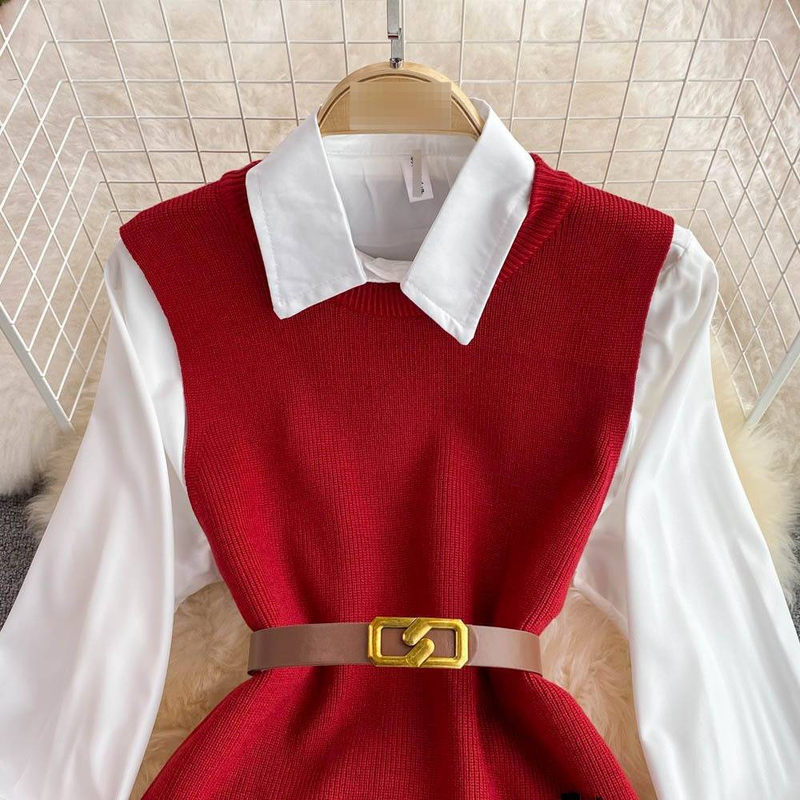 K Long-sleeved Suit With White Shirt, Sweater, Waistcoat, Age-reducing Loose Knitted Vest, Two-piece Set For Women_voghion.com