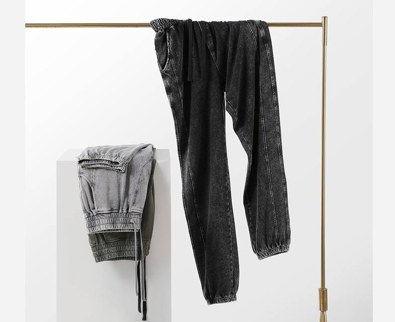 Pantalon de survêtement en pur coton 300 g pour homme – Style vintage délavé et vieilli, coupe décontractée avec ourlet à revers (L-XXXXL, noir rétro/gris clair/vert kaki)_voghion.com