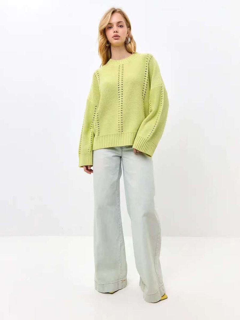 Breathable Knit Sweater Women's Oversized Loose Fit Round Neck Lace Crochet Pullover Top - Soft Acrylic Polyester Blend Yarn_voghion.com