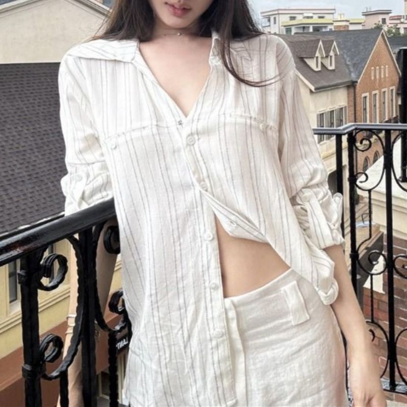 Polo a righe larghe, colletto a maniche lunghe, alla moda per le donne, maglietta casual chic estiva, canotta versatile_voghion.com