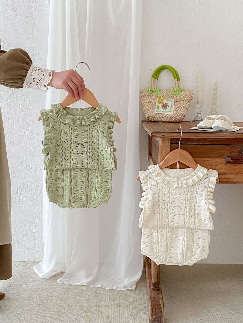 Vêtements d'été pour bébés filles, version coréenne, pull tricoté, col en dentelle, haut, short, ensemble princesse fin_voghion.com