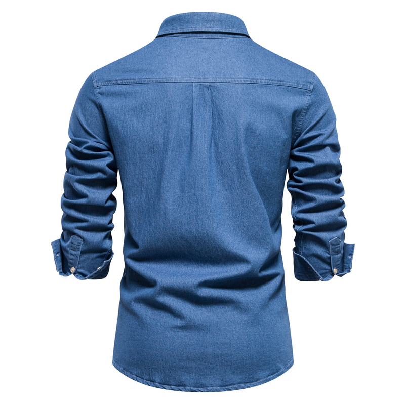 Herbst/Winter Neue Europäische Denim Bügelfrei Casual Solide Farbe Herren Langarm Hemd_voghion.com