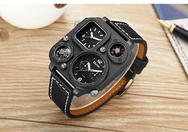 Men's Stylish Quartz Watch With Compass & Dual Time Zone - Large Square Dial Leather Strap Watch - Mineral Crystal Black Dial & Strap_voghion.com