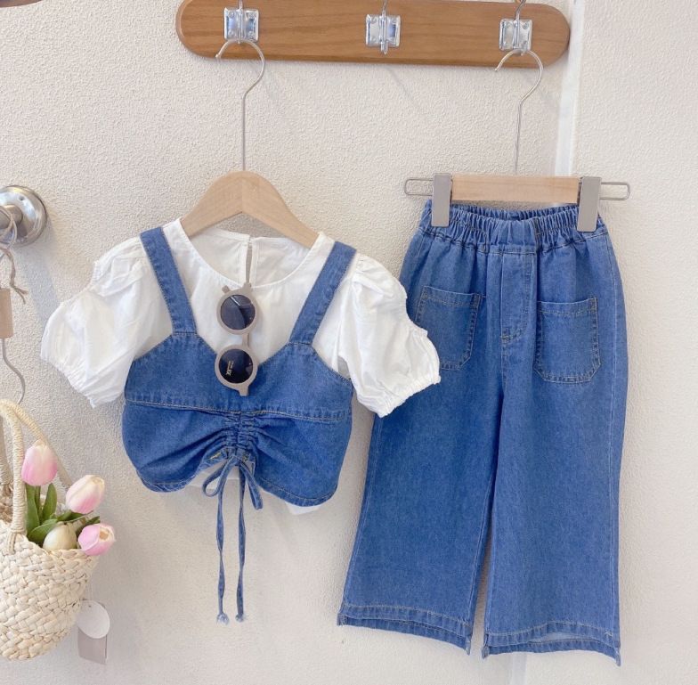 Kinderkleidung 2024 Sommer neues Mädchen Jeansanzughemd plus Hosenträger weite Hose dreiteiliger Anzug_voghion.com
