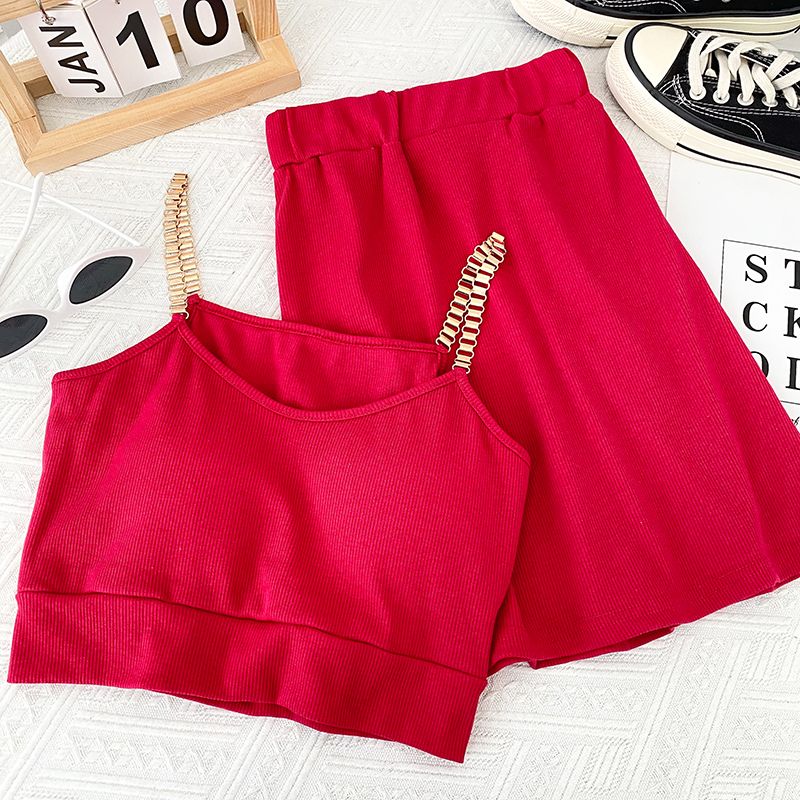 Set due pezzi con canotta corta a catena sexy da donna, gonna aderente a vita alta e gonna a vita alta_voghion.com