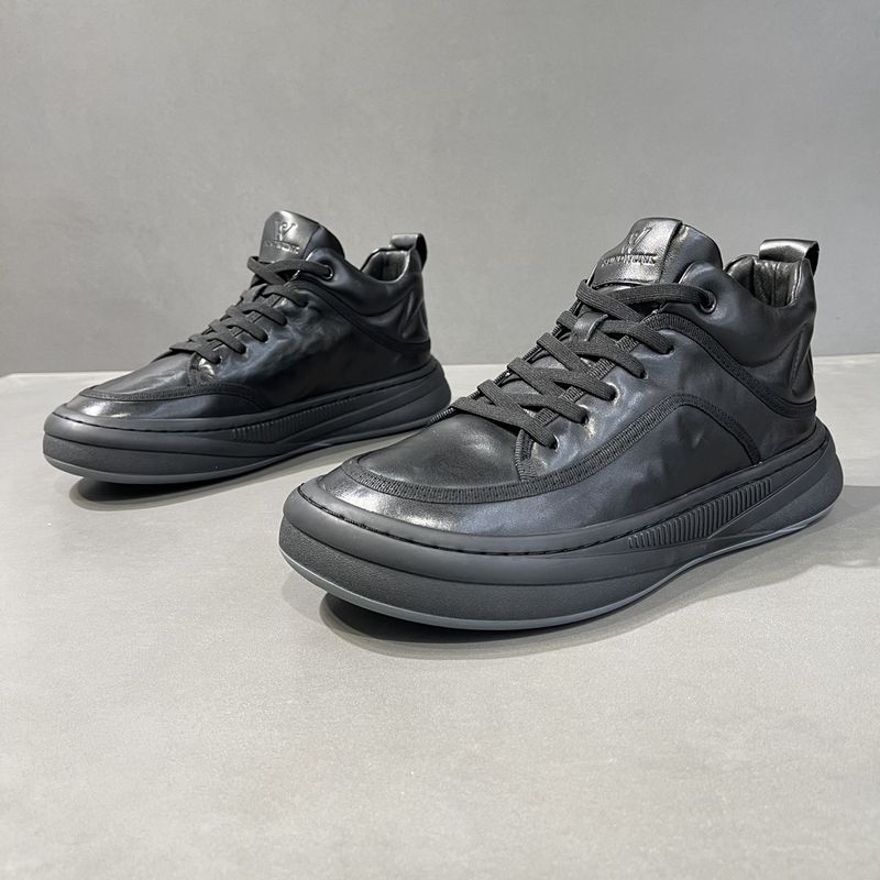 Single Shoe Spring Style Genuine Leather British Trend Versatile High Top Casual Board Zhongbang Boots Men's Black Clown_voghion.com