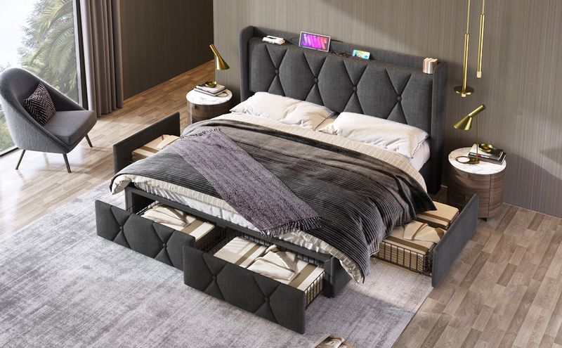 Cadre de lit double avec rangement 140 x 200 cm, avec port USB, tête de lit capitonnée et 4 tiroirs, sommier à lattes en bois gris (avec matelas)_voghion.com