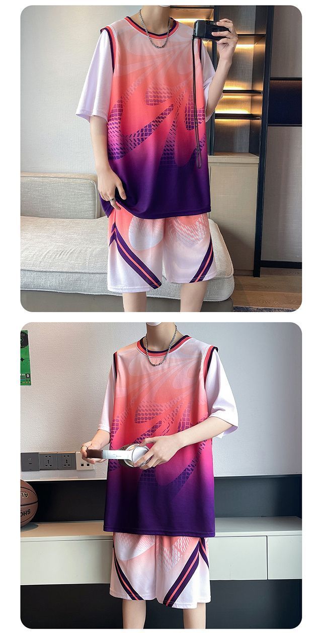 Summer New Quick-Dry Ice Silk Short Sleeve Sports Set Vest Shorts Casual Running Cool Student Basketball Wear_voghion.com