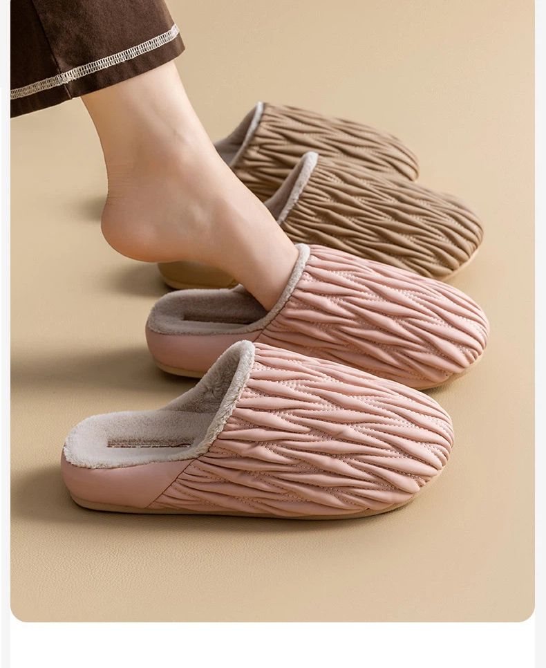 Wrinkled Cotton Slippers For Women, Autumn And Winter, Indoor Home, Anti Slip, Waterproof, Warm, Home With Velvet Leather Slippers For Men_voghion.com