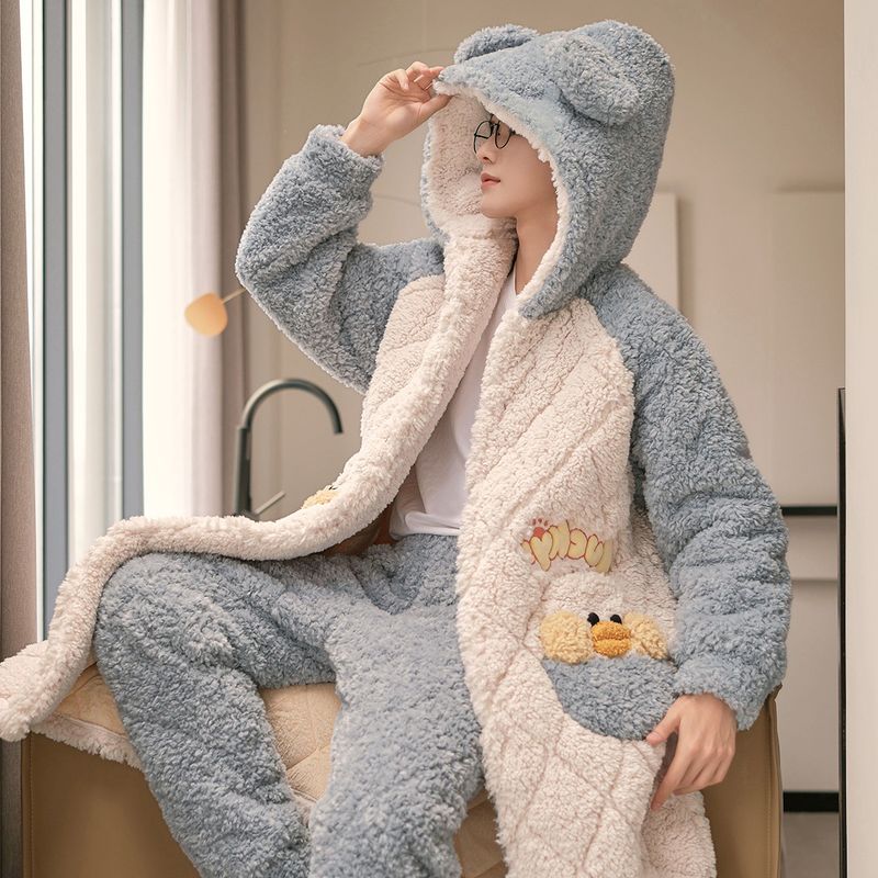 2023 New Three layer Cotton Napper Winter Thickened Hoodie with Pants Men's Robe Cover Home Furnishings_voghion.com
