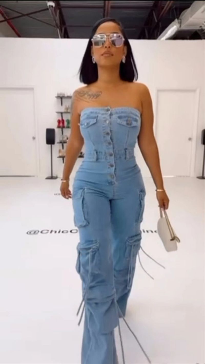 Roupas femininas Novo Top tubular Multi bolsos Jeans macacão Multi botões Roupas femininas_voghion.com