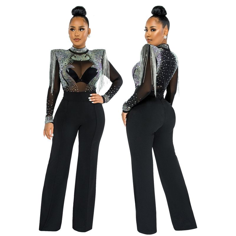 Vêtements pour femmes Mode Sexy Décontracté Mince Col Haut Transparent Strass Gland Combinaison Pour Femmes_voghion.com