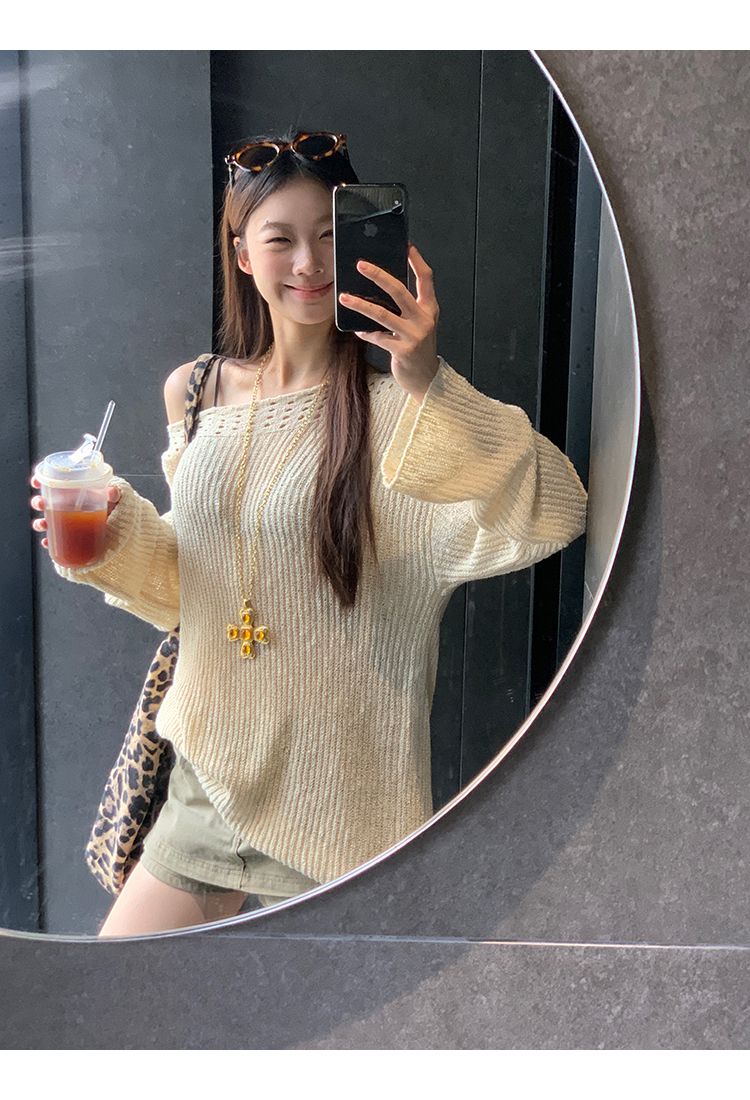 Sun Protection Cover-Up For Women Summer 2025 New Knitted Top Asymmetrical Shoulder Hollow Out Loose_voghion.com